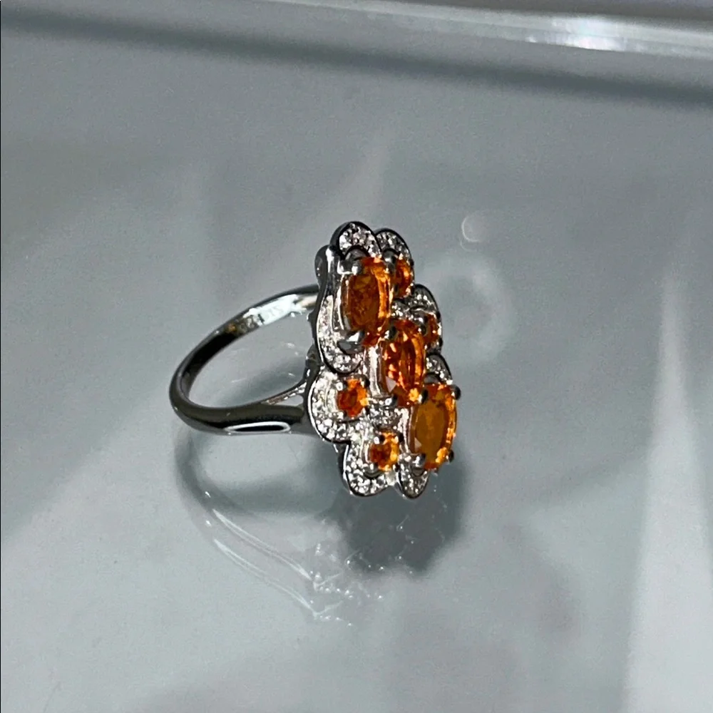 NWOT Genuine Fire Opal White Topaz Gemstone Sterling Silver Designer Ring Boho